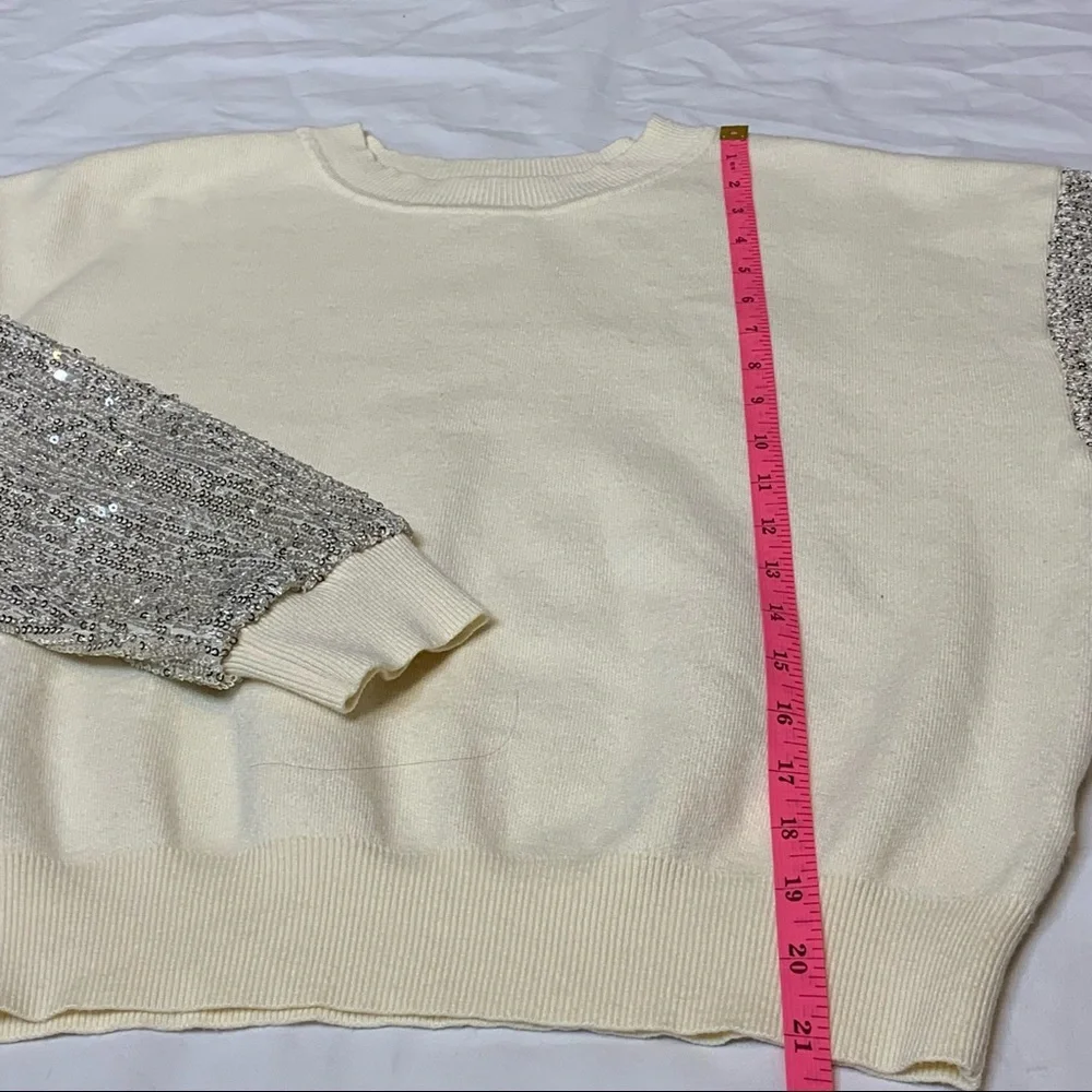 LUSH Sequin Sleeve Sweater Silver Cream Coquette Comfy Cozy Winter Sparkly Small - Picture 13 of 15